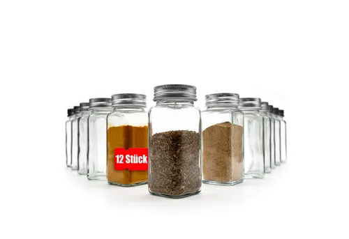 BigDean 12er Set Gewürzgläser eckig - luftdichte Gewürzdosen lebensmittelecht mit zwei Streueinsätzen - ideal für Gewürzaufbewahrung