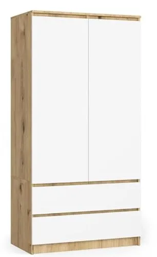 BDW Kleiderschränk 2 Türen, 4 Einlegeböden, Kleiderständer, 2 Schubladen, Garderobenständer, Schubladenschrank, Garderobenschrank für Schlafzimmer, Wohnräume, 180x90x51cm, (Eiche Artisan/Weiß)