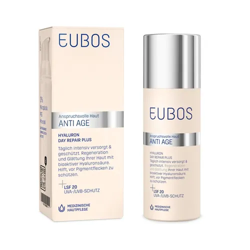 EUBOS ANTI AGE HYALURON DAY REPAIR PLUS LSF 20 - 50 ml - Arzneimittel mit Hyaluron für intensive Feuchtigkeit und Hautregeneration, ideal für den täglichen Gebrauch und zum Schutz vor UV-Strahlen.
