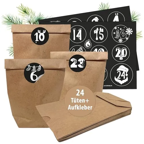 Adventskalender zum Befüllen – 24 XL Kraftpapiertüten mit Aufklebern - Kreativer Adventskalender zum Selbstgestalten, ideal für individuelle Überraschungen und unvergessliche Familientraditionen.