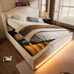 okwish Polsterbett, Doppelbett, Jugendbett,140x200cm, Stauraumbett mit hydraulischem Stauraum, LED-Beleuchtung und USB-C Ladeanschluss,mit Lattenro... - Beige