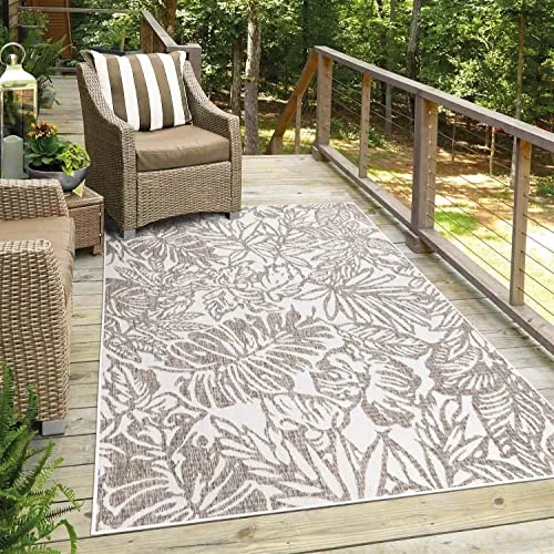 carpet city Outdoor-Teppich Wetterfest Balkon Terrassen - Beige in 120x170 cm - Deko Teppiche Außen Wasserfest - Balkondekoration Floral Wohnzimmerteppiche
