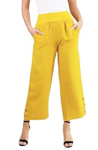 Mississhop 319 Damen Leinenhose - Elegante 7/8 Freizeithose in Gelb - Damen-Hosen aus 100% Leinen, mit elastischem Bund und drei Knöpfen für optimalen Komfort. Ideal für Freizeit und Ausgehen, vielseitig kombinierbar!