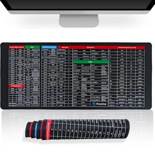 Gaming Mauspad XXL, Mousepad 900x400x3mm,Mouse pad,Mauspad groß Vernähte Kanten Anti-Rutsch für PC, Laptop Verbessert Präzision und Geschwindigkei (Gängige Computer-Tastenkombinationen)