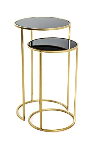 Haku-Möbel Beistelltisch 21218 - 2er Set, schwarz mit goldfarbenem Gestell, platzsparend und modern für Ihr Wohnzimmer