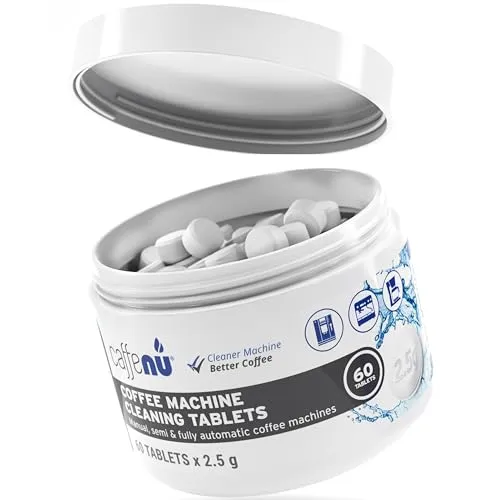 Caffenu Kaffeemaschinen Reinigungstabs | 60 x 2,5 g Tabletten | Reinigungstabletten für Kaffeevollautomaten | Kaffeereiniger für Filter- und Espressomaschinen | Kann mit Entkalker verwendet werden