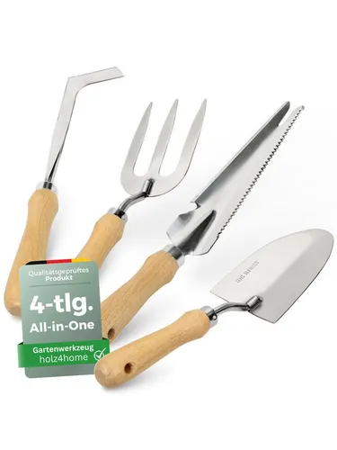holz4home® Gartenpflege-Set Gartenwerkzeug Set 4-tlg. I Gartengeräte Unkrautstecher I Holzgriff, Werkzeugset Edelstahl & Holz