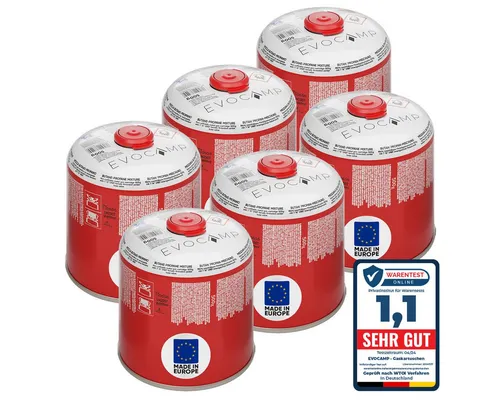 EVOCAMP Gaskartusche 500g mit Schraubventil - Vielseitige 500g Druckgaskartusche für Camping und Outdoor-Aktivitäten. Mit Sicherheits-Verschlussautomatik und Eurogewinde für einfache Handhabung. Ideal für verschiedene tragbare Gasgeräte.