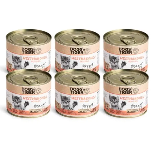 Dogs’n Tiger Junior, Kitten Premium Nassfutter, Nesthäkchen, tiergerechte Rezeptur mit 70% Fleischanteil an Geflügel – ohne Zucker, Getreide & künstliche Aromen, 6X 200g