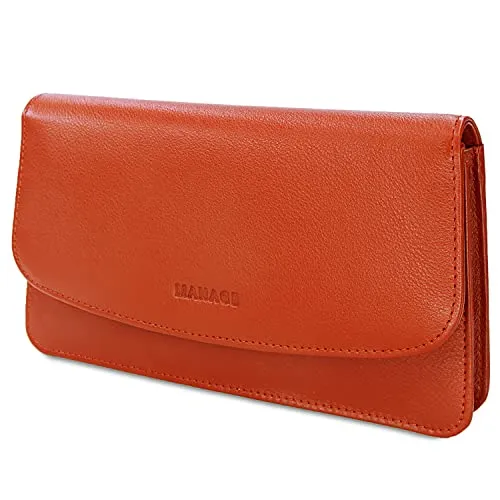 MANAGE Kosmetiktasche Damen mit Spiegel - Schminktasche klein aus echtem Leder - edle Clutch Orange 18,5x10x3,5cm