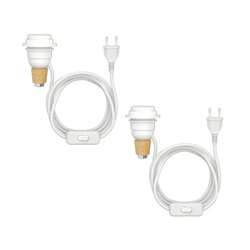 ledscom.de 2 Stück Tischlampe Korkenlampe FLAKO mit Schalter und Textilkabel, weiß, 1x E27 max. 60W, ohne Flasche, ohne Leuchtmittel