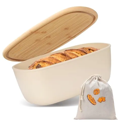 VINATO Brotkasten mit Schneidebrett, 37x22,5x14cm (6L), Brotdose mit hochwertigem Bambusdeckel & Brotsack aus Leinen, Brotkorb groß für langanhaltende Frische