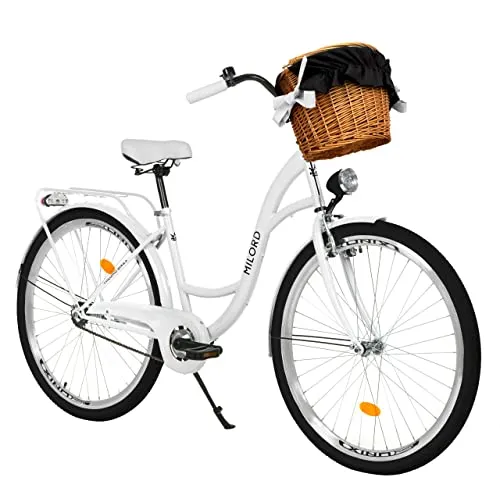MILORD Damenfahrrad Citybike Komfort mit Weidenkorb – Vintage Fahrrad, 26/28 Zoll, 1-Gang (Weiß, 28 Zoll)
