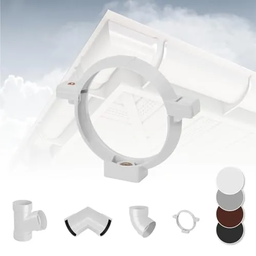 RAINWAY L Regenrinnen System (Rohrschelle weiß) - PVC-U Kunststoff in 4 Farben, für Dachflächen > 100m² empfohlen, Fallrohrschellen Befestigung