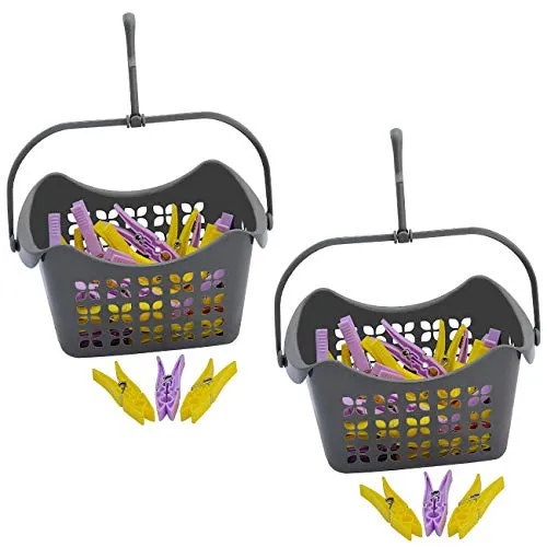 2X Wäscheklammerset-hänge-Korb mit je 40 Klammern PP-Kunststoff Haken Farbe grau