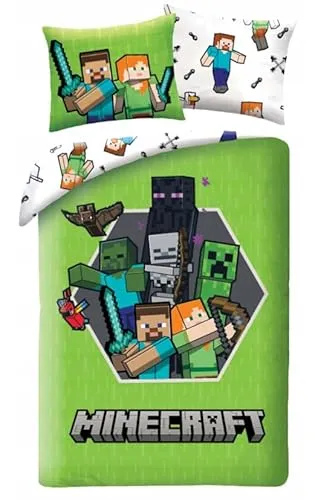 Bettwäsche Minecraft – 140 x 200 cm + 70 x 90 cm – Pixelisiertes Design für Abenteuerliche Nächte - Entdecken Sie die spannende Welt von Minecraft mit diesem Bettwäsche-Set! Es enthält einen Bettbezug (140 x 200 cm) und einen Kissenbezug (70 x 90 cm) aus 100 % Polyester, ideal für Kinderzimmer. Pflegeleicht und schadstoffgeprüft.
