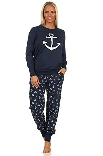 Damen Schlafanzug Pyjama mit Bündchen in maritimer Optik mit Anker als Motiv -212 90 910, Farbe:Marine, Größe:40-42