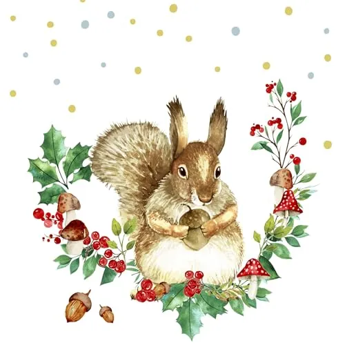 Servietten Herbst Eichhörnchen an Blätterkranz als Tischdeko. Papierservietten mit Motiv. Auch für Decoupage und Serviettentechnik 33x33cm 20