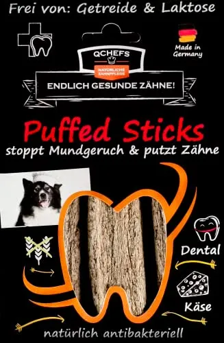 QCHEFS Puffed Sticks: Zahnpflege Hunde als vegetarische-getreidefreie Kaustangen nach dem Hundefutter und antibakterieller Mundgeruchentferne