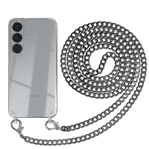 EAZY CASE Handykette kompatibel mit Galaxy S25 Handyhülle mit Metall Umhängeband und Ersatz Kordel schwarz, Handykordel mit Schutzhülle, Stylische Kette, Metall - Anthrazit