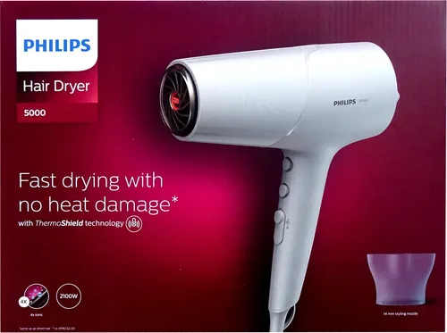 Philips Haartrockner 5000 Series - 2100 W - Haartrockner in elegantem weiß/metallic, bietet starke 2100 W für schnelles Trocknen und professionelles Styling.