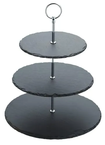 Artesà Dreistöckiger Kuchenständer aus Schiefer Servierset, Kuchenständer Set, 28.5x34.5cm, Geschenkbox, Slate Grau/Silber