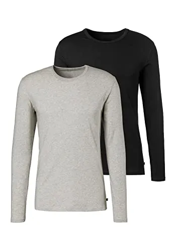 HIS Herren Langarmshirt Slim Fit 2er Set - Tops für Herren: 2 Stück Langarmshirts mit Rundhalsausschnitt, anschmiegsam durch Elasthananteil, modernes Design und weiches Baumwoll-Stretch Material für optimalen Tragekomfort.