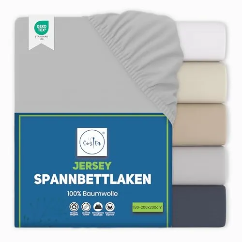 Cozita Basics Spannbettlaken 180x200cm - 100% Baumwoll Jersey Bettlaken, Öko-Tex Zertifiziert, bis 25 cm Matratzenhöhe – Silber