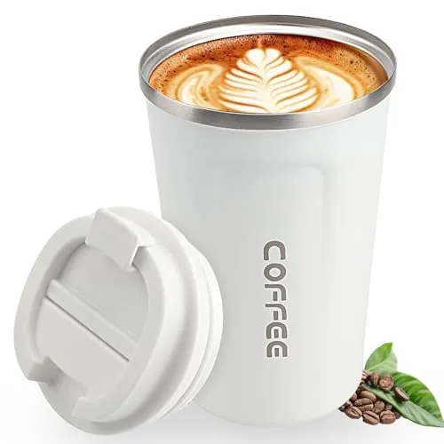 Tragbecher aus Edelstahl - Trinkbecher mit Deckel - Becher mit Deckel - Kaffeebecher mit Deckel - Ideal für den Einsatz Unterwegs - Umweltfreundlich - mit einem Fassungsvermögen von 380 ml (weiß)