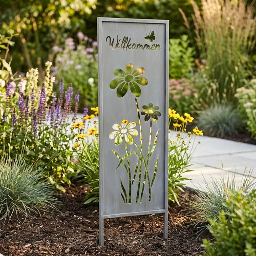 levandeo Gartenstecker Willkommen - Charmante Gartenstele in Grau Betonoptik - Rankstäbe mit einer Höhe von 83 cm, aus robustem Eisen gefertigt, verziert mit Blumen und einem Schmetterling. Ein einladender Blickfang für jeden Garten.
