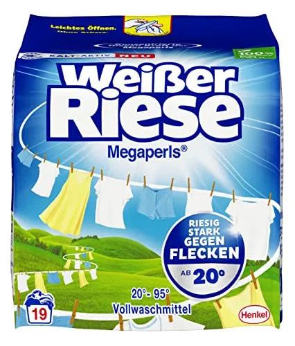 Weißer Riese Universal Megaperls Vollwaschmittel (19 Waschladungen), Waschmittel für weiße Wäsche, wirkt extra stark gegen Flecken bei 20–95 °C, 100 % recycelbares Plastik