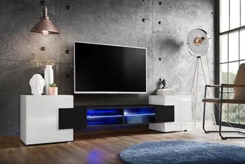 Komodee, Merano Bank TV Schrank, Weiss Schwarz Weiss, LED Blau, Breite 230 cm x Höhe 52,5 cm x Tiefe 35 cm, für Wohnzimmer, Schlafzimmer