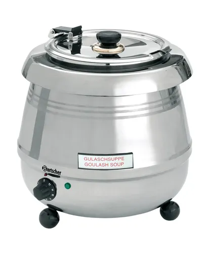Bartscher De Luxe Suppentopf 9 Liter - Kochtopf aus Edelstahl mit elektronischer Steuerung, ideal für gewerbliche Nutzung. Beheizt Speisen indirekt und hält sie von 30 °C bis 95 °C warm. Inklusive 8 magnetischer Suppenbeschriftungen.