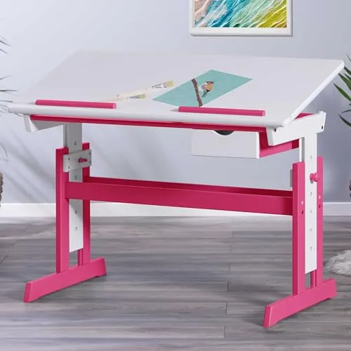 Inter Link Höhenverstellbarer Kinderschreibtisch - Kiefermassivholz in Rosa Weiß, 6-fach höhenverstellbar und neigungsverstellbar für flexibles Lernen