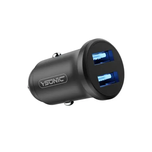YSONIC USB-Autoladegerät für Kompatible Geräte - Doppelter Ladeadapter Mit 2 Buchsen - Ladestecker für Zigarettenanzünder - Wie-Eingebaut-Look, Alu, Blaue LED, 12-24V