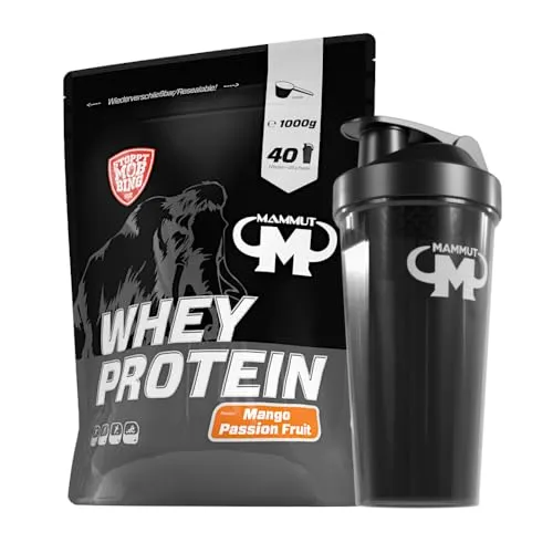 Mammut Whey Protein Eiweißshake 1kg - Mango Passion Fruit mit Shaker - Hochwertiges Whey Protein mit 27g pro Portion, perfekt für den Muskelaufbau. Ideal für Training und als Snack. Leicht löslich in Wasser oder Milch, inklusive praktischem Shaker und proteinreichem Riegel.