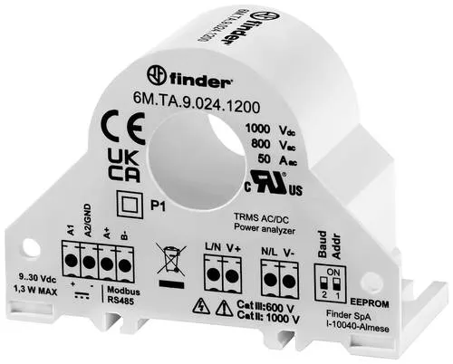 Finder 6M.TA.9.024.1200 Energie-Messwandler - Einphasen Energie-Messwandler mit Modbus RS485 für präzise TRMS AC und DC Messungen bis 800 V. Ideal für professionelle Anwendungen in Steuerungstechnik.