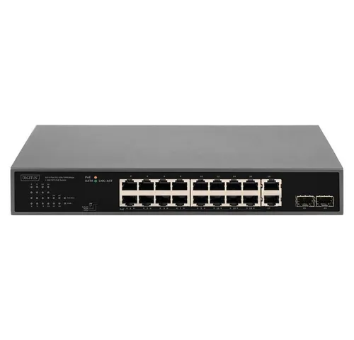 Digitus DN-95358 Ethernet Switch 16 + 2 Port mit PoE-Funktion - Switch mit 16 PoE-Ports, ideal für die Stromversorgung von IP-Geräten ohne Steckdosen, bietet kosteneffiziente, nicht blockierende Wire-Speed-Leistung im Büro.