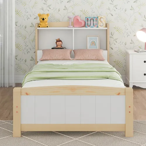 Bettgestell mit Lattenrost Kopfteil Matratze Kinderbett Massivholzbett Gästebett Einzelbett 90 x 200 cm Natürlich und Weiß