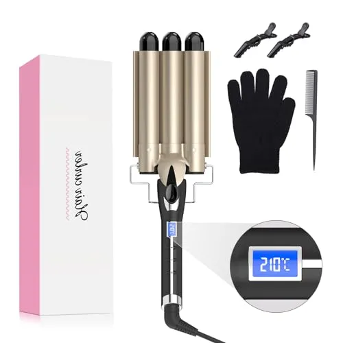 Welleneisen 3 Fässer Lockenstab BEACHWAVES Φ25mm, AIMERVO Curler LCD 14 Temperaturstufen 80-210℃, für lange/kurze dicke/dünne Haare, Hair Waver mit Keramikbeschichtung, Hitzehandschuh, 2 Haarklammer