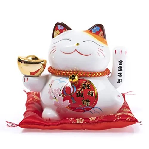 Maneki Neko Winkekatze Weiß - Glückskatze von lachineuse - Sammlerfiguren: Handgemalte Porzellan Glückskatze mit beweglichem Arm, bringt Glück und Wohlstand in Ihr Zuhause oder Büro.