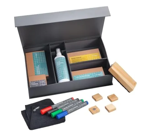 SIGEL BA311 Starterset für Whiteboards und Glas-Magnettafeln - Whiteboard-Zubehör für kreatives Arbeiten, inkl. 4 abwischbare Marker, Holz-Magnete, Eraser mit Ersatzpad und Reinigungsspray. Ideal für Meetings und Workshops.
