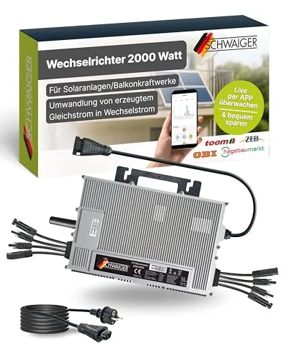 Schwaiger NEP Wechselrichter SOWR2000 2000W - Wechselrichter für Balkonkraftwerke mit 2000W Leistung, per App auf bis zu 1000W aufschaltbar und effizienter Umwandlung von Gleichstrom in Wechselstrom.