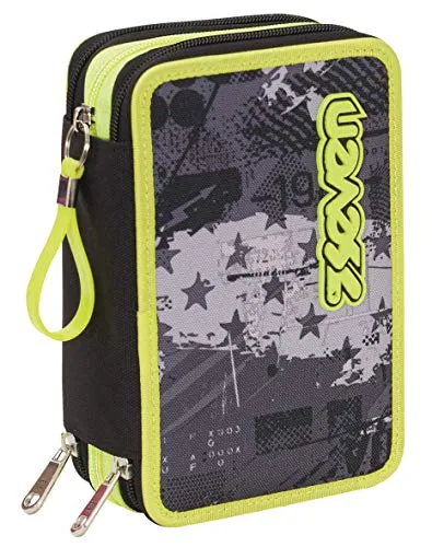 Seven Federmäppchen, Mäppchen, Mehrfarbig, Federtasche für Schreibwaren, Etui mit Stiften, Kugelschreiber, mit 3 Fächern, Mädchen - Jungen, Schule - Grundschule, XXL Fly Stars schwarz/leuchtgelb