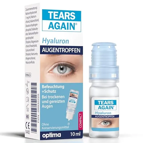 TEARS AGAIN Augentropfen 10 ml - Feuchtigkeitstropfen für Kontaktlinsen, ohne Konservierungsstoffe für intensive Befeuchtung und Linderung von trockenen, gereizten Augen.