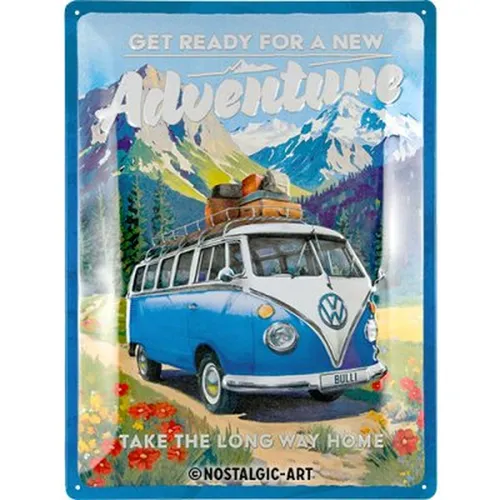 Nostalgic-Art Metallschild Blechschild 30 x 40 cm - VW Bulli - Bereit für neue Abenteuer - Hochwertiges Retro-Blechschild in der Größe 30 x 40 cm. Mit plastischen Motiven und stabiler Wölbung aus 0,5 mm starkem Blech. Brillante Farben durch 4-Farb-Offsetdruck und schützender Oberflächenversiegelung. Einfach aufzuhängen dank vorgebohrter Löcher.