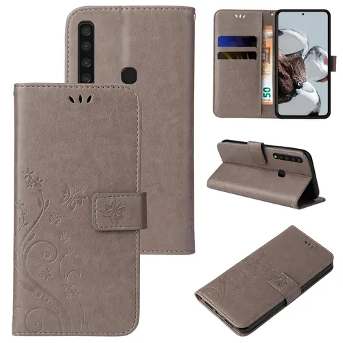 Handyhülle für Samsung Galaxy A9 Klapp Case Tasche Blume Schmetterling Grau
