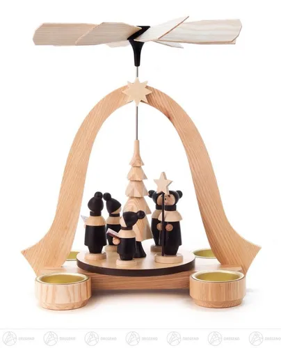 Pyramide mit Kurrende für Teelichte – Erzgebirge - Traditionelle Holzpyramide mit Kurrende für stimmungsvolle Teelichte. Ideal für festliche Anlässe und zur Dekoration in jedem Raum. Maße: 23,5x26x20 cm.