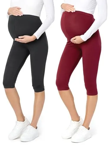 Be Mammy 3/4 Umstandsleggings 2Pack - Bequeme Schwangerschaftsleggings aus Baumwolle - Leggings für Schwangere, blickdicht und elastisch; perfekt für jede Jahreszeit, ideal für Alltag und Yoga, schneidet sich sanft um den Babybauch.
