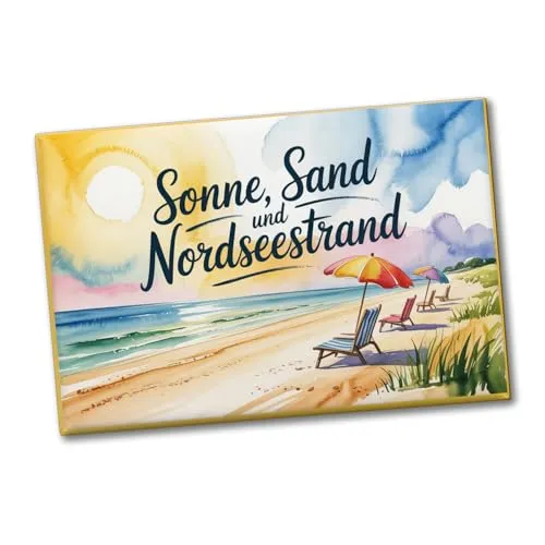 Sonne Sand Nordseestrand Aquarellszene Souvenir Souvenir Magnet Perfekt als Whiteboard-Magnet Spruch für Sammler und Nordsee-Fans